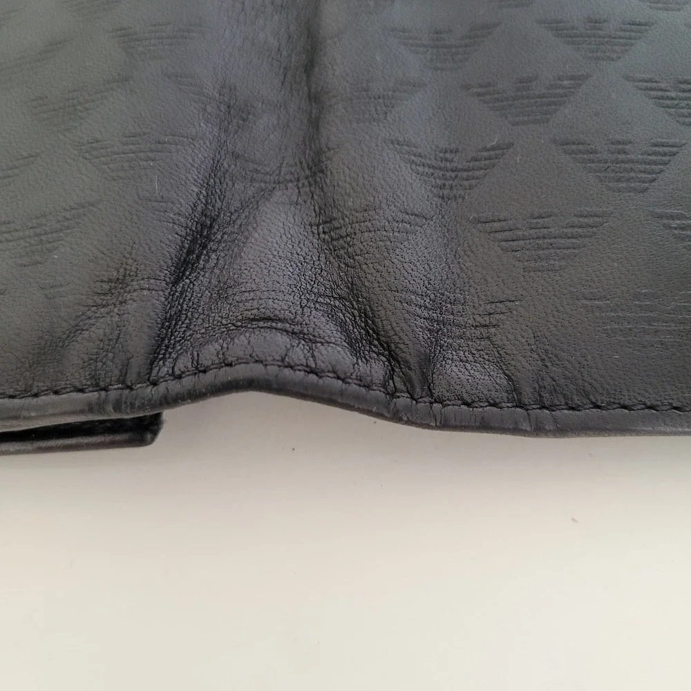 Emporio Armani Black Leather Long Bifold Wallet Embossed Eagle Logo Italy